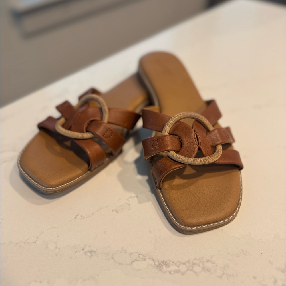 Cute Brown Leather Slide Sandals